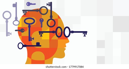 ilustración vectorial de claves y cabeza humana para el análisis de problemas de resolución intelectual