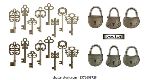 Vector illustration. Keys and locks vintage set of different shapes colors and styles, vintage keys of different colors iron, bronze, brass
