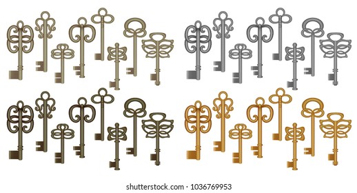Vector illustration. Keys vintage set of different shapes of colors and styles, vintage keys of different colors gold, silver, iron, bronze, brass.
