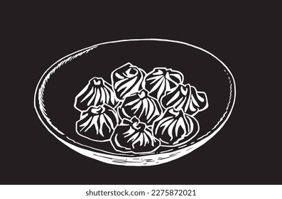 Ilustración vectorial de khinkali en un palto, ilustración de comida en fondo negro. Elemento gráfico para el diseño de pancartas de caffe