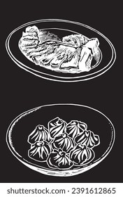 Vector illustration of khinkali and steak on a palte, food illustration on black background. Graphical elements for caffe banner design
