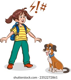 vector illustration of kid afraid of dog