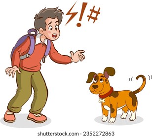 vector illustration of kid afraid of dog