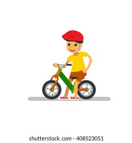 Vector illustration kid balance bike on white background. Happy cartoon boy with  balance bike on isolated.