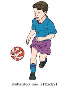 Vector illustration, kid with ball, cartoon concept, white background.