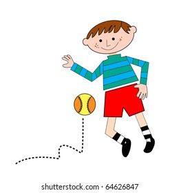 a vector illustration of a kid and ball playing outside