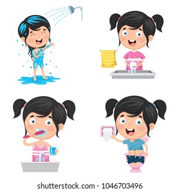 Vector Illustration Of Kid Bathing, Brushing Teeth, Washing Hands after Toilet