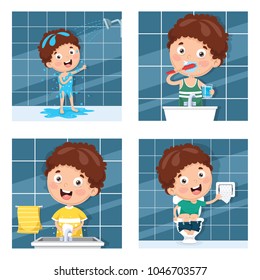 Vector Illustration Of Kid Bathing, Brushing Teeth, Washing Hands after Toilet