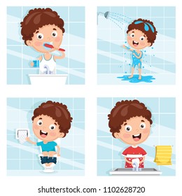 Vector Illustration Of Kid Bathing, Brushing Teeth, Washing Hands After Toilet