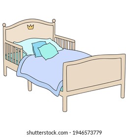 Vector illustration kid bed with cot sides with linens, blanket and pillows and a golden crown on the headboard 
