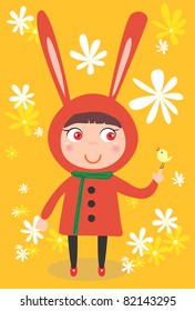 Vector illustration of kid and bird
