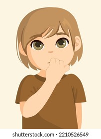 Vector illustration of a kid biting nails. A little boy bites his fingernails, he is nervous and worried, stressed. Child neurotic with bad habit.