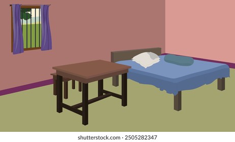 Ilustración vectorial de un diseño de fondo interior de dormitorio de niño. diseño de dibujos animados de dormitorio de niño