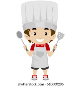 Vector Illustration of a Kid Boy as Chef Holding a Holding Kitchen Utensils