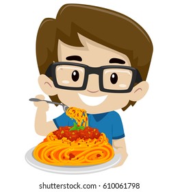 Vector Illustration Of Kid Boy Eating Spaghetti