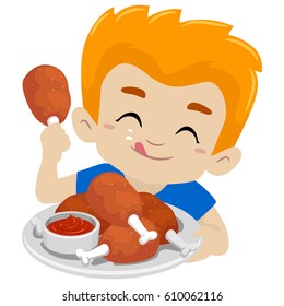 Vector Illustration Of Kid Boy Eating Fried Chicken