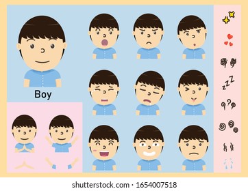 Vector illustration of kid boy faces showing different emotions, emoticon signs, arms for change postures.