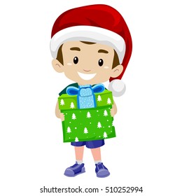 Vector Illustration of Kid Boy Holding a Christmas Gift