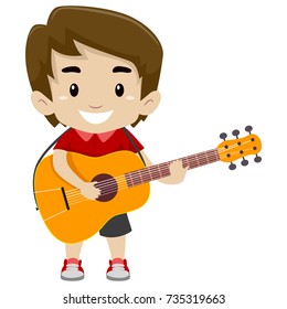 Vector Illustration of Kid Boy Holding and Playing a Guitar