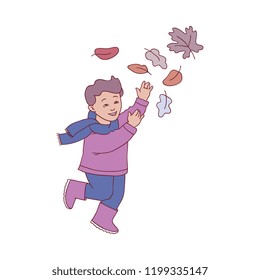 Vector illustration of kid boy playing with autumn leaves in sketch style - hand drawn happy smiling male child jumping and throwing up colorful tree foliage isolated on white background.