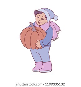 Vector illustration of kid boy with pumpkin in autumn in sketch style - hand drawn happy smile male child in warm clothes with big ripe orange vegetable isolated on white background.