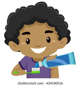 Vector Illustration of Kid Boy putting Toothpaste on his Toothbrush