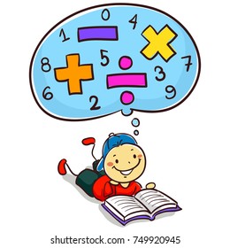 Vector Illustration of Kid Boy Reading Book about Mathematics