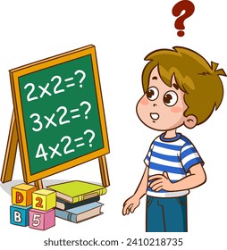 vector Illustration of a Kid Boy Standing Beside a Chalkboard with Question Mark