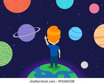 Vector Illustration of a Kid Boy standing on Earth looking at the Planets