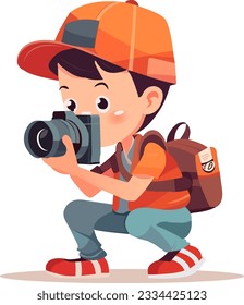 Vector Illustration of a Kid Boy taking picture with mirrorless camera