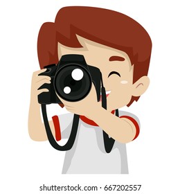 Vector Illustration of a Kid Boy taking pictures using a Digital Camera