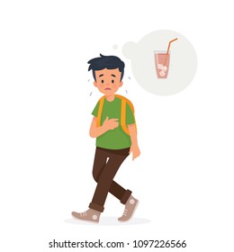 vector illustration kid, boy walk feel thirsty , he is thinking of drink cold water 