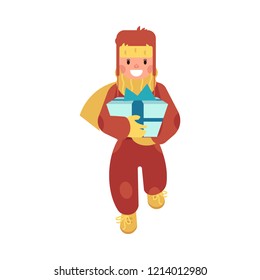Vector illustration of kid boy in warm winter clothes with decorated present box in flat cartoon style - isolated male child holding wrapped gift for Christmas and New Year design.