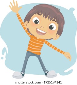 Ilustración vectorial de un niño que mueve la mano en posición de pie