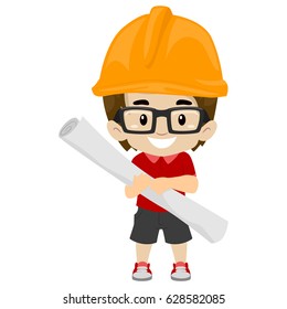 Vector Illustration of Kid Boy wearing Engineer Cap while holding a Rolled Paper