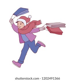 Vector illustration of kid boy in winter clothes running with shopping bags in sketch style isolated on white background - hand drawn happy male child bought Christmas and New Year gifts.