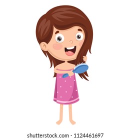 Vector Illustration Of Kid Brushing Hair