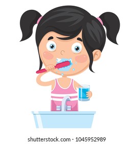 Vector Illustration Of Kid Brushing Teeth