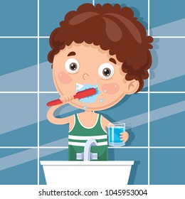 Vector Illustration Of Kid Brushing Teeth