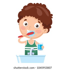 Vector Illustration Of Kid Brushing Teeth
