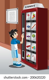 A vector illustration of kid buying candy from a vending machine