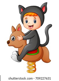 Vector illustration of Kid in a cat costume playing rocking horse