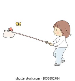 Imagen vectorial de un niño atrapando mariposas coloridas. Actividad de verano, juego al aire libre, día feliz de los niños, desarrollo de la primera infancia, educación y concepto de aprendizaje. Dibujo de caricaturas.