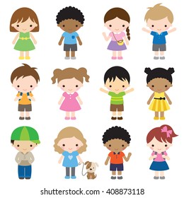 Vector illustration of kid characters in different clothes and poses.