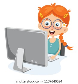 Vector Illustration Of A Kid With Computer