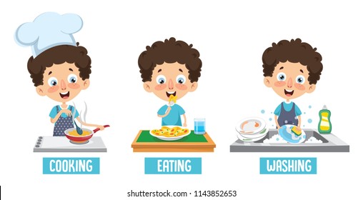 Vector Illustration Of Kid Cooking, Eating And Washing Dishes