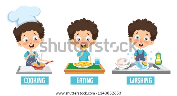 子どもの料理 食べ物 洗い物のベクターイラスト のベクター画像素材 ロイヤリティフリー