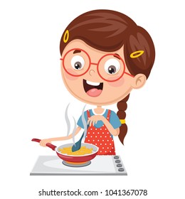 Vector Illustration Of Kid Cooking Meal