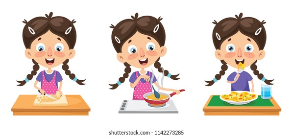 Vector Illustration Of Kid Cooking Meal