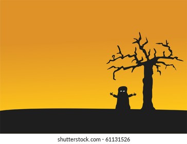 Vector illustration of kid in costume on Halloween night.